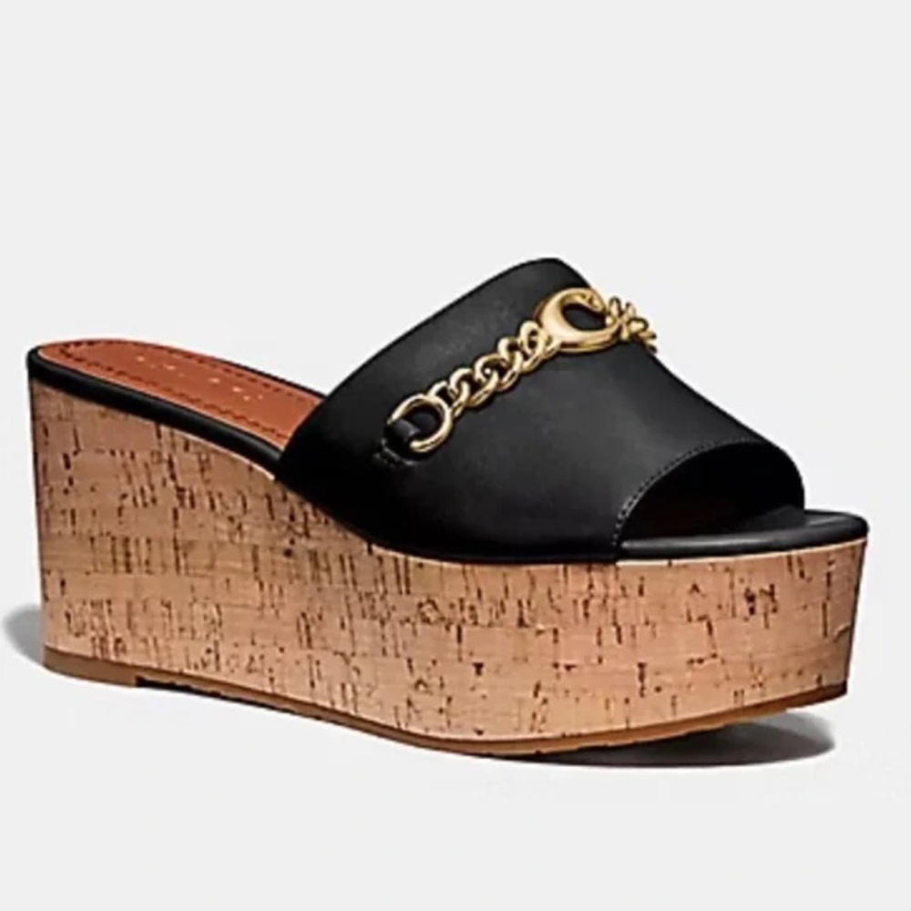 Black Leather Chain-Accent Cork Platform Slide - Women